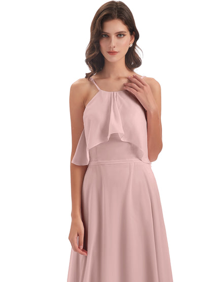 Paisley Halter Ruffles Chiffon Long Bridesmaid Dresses