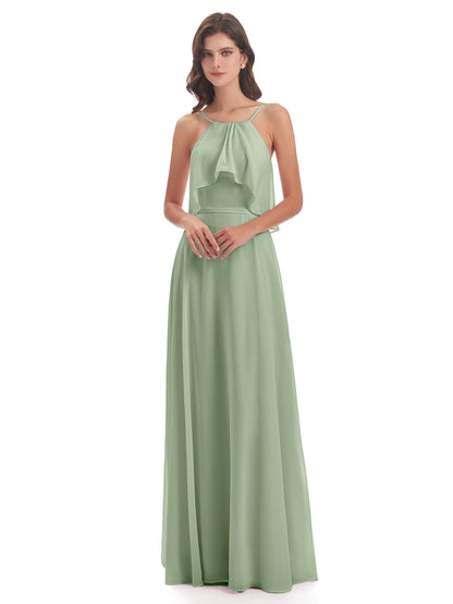 Paisley Halter Ruffles Chiffon Long Bridesmaid Dresses