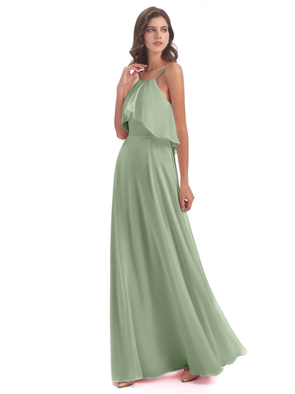 Paisley Halter Ruffles Chiffon Long Bridesmaid Dresses