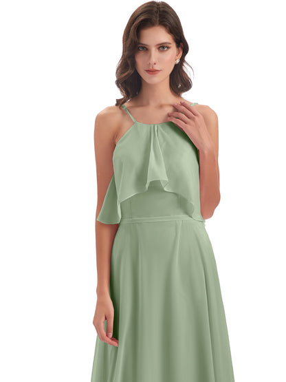 Paisley Halter Ruffles Chiffon Long Bridesmaid Dresses
