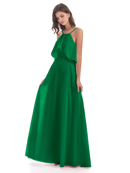 Paisley Halter Ruffles Chiffon Long Bridesmaid Dresses