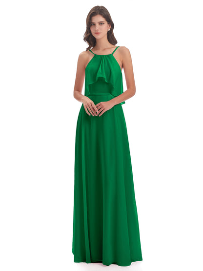 Paisley Halter Ruffles Chiffon Long Bridesmaid Dresses