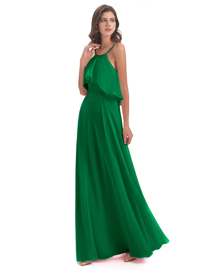 Paisley Halter Ruffles Chiffon Long Bridesmaid Dresses