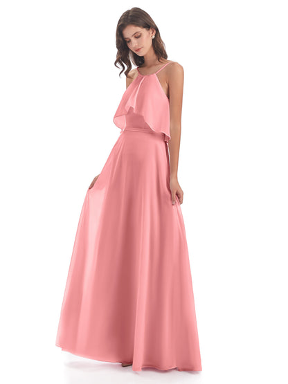 Paisley Halter Ruffles Chiffon Long Bridesmaid Dresses