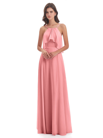 Paisley Halter Ruffles Chiffon Long Bridesmaid Dresses