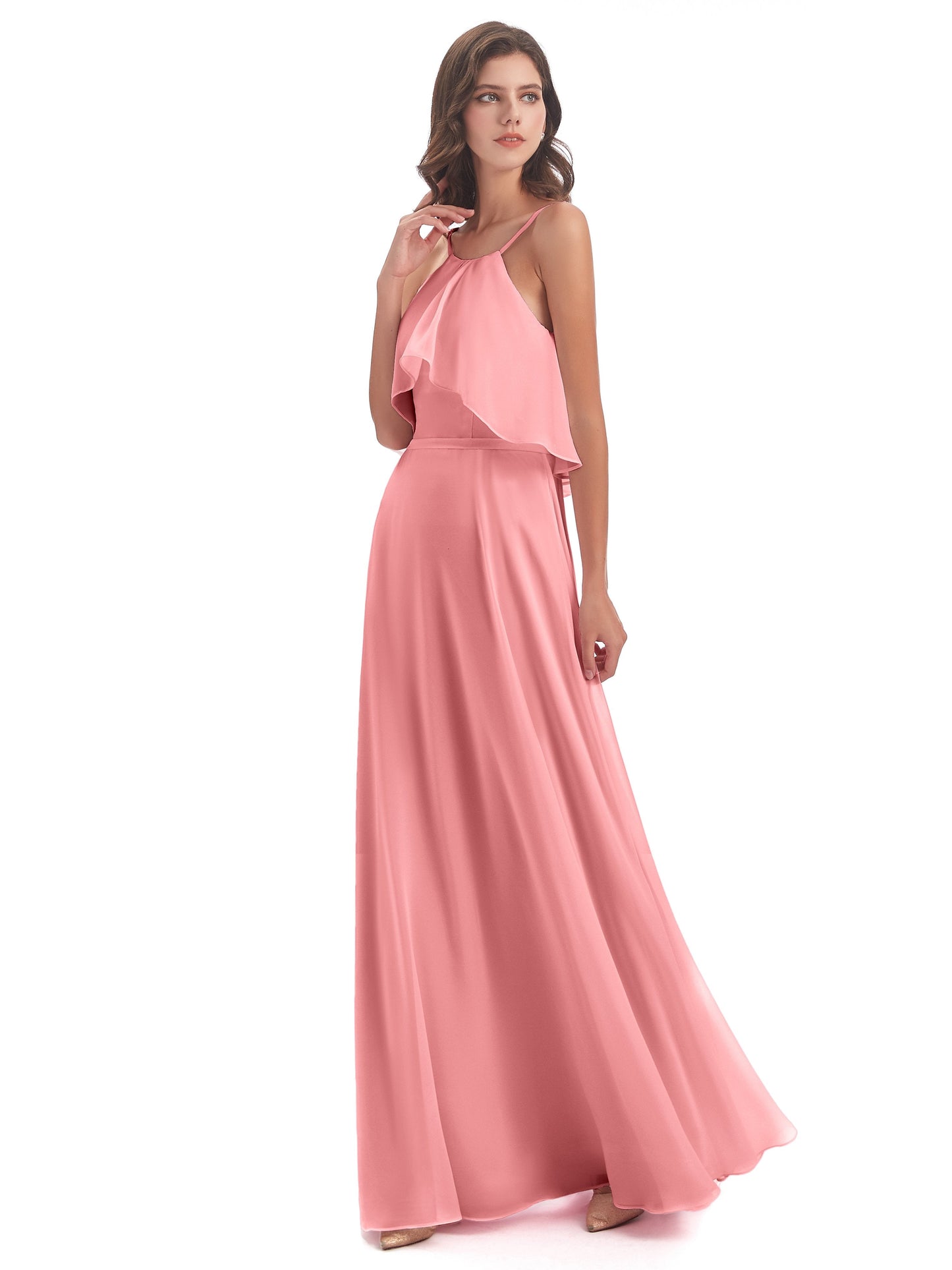 Paisley Halter Ruffles Chiffon Long Bridesmaid Dresses