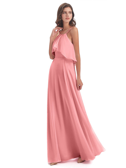 Paisley Halter Ruffles Chiffon Long Bridesmaid Dresses