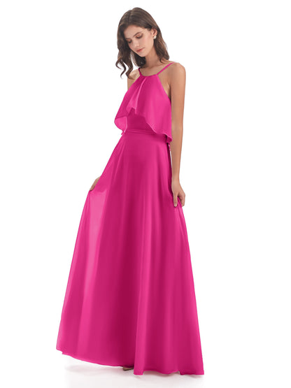 Paisley Halter Ruffles Chiffon Long Bridesmaid Dresses