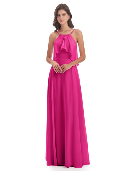 Paisley Halter Ruffles Chiffon Long Bridesmaid Dresses