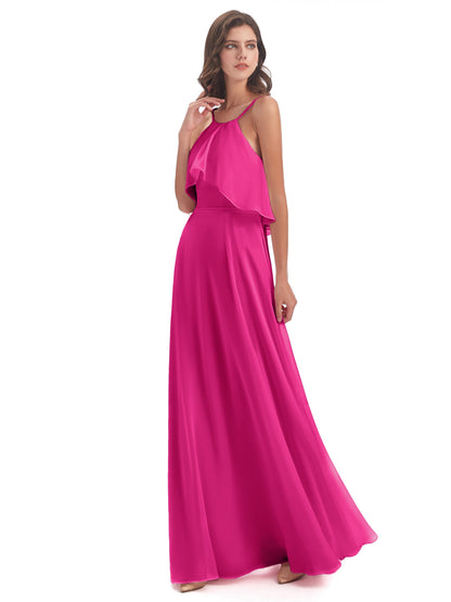 Paisley Halter Ruffles Chiffon Long Bridesmaid Dresses