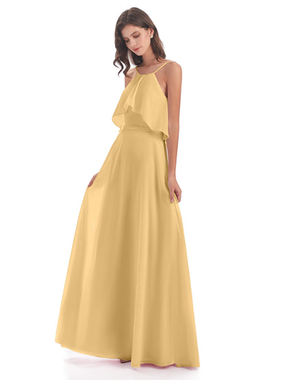 Paisley Halter Ruffles Chiffon Long Bridesmaid Dresses