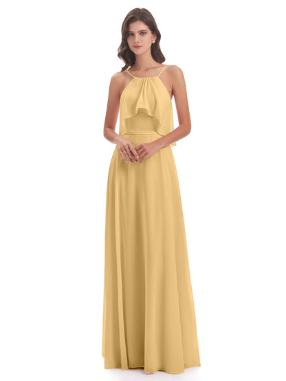 Paisley Halter Ruffles Chiffon Long Bridesmaid Dresses