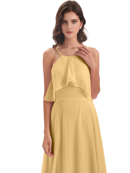 Paisley Halter Ruffles Chiffon Long Bridesmaid Dresses