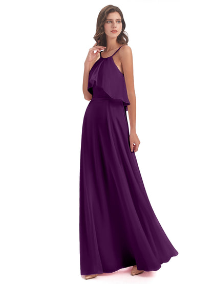 Paisley Halter Ruffles Chiffon Long Bridesmaid Dresses