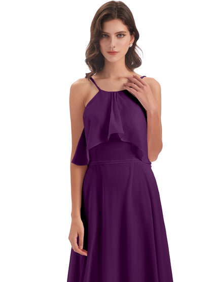 Paisley Halter Ruffles Chiffon Long Bridesmaid Dresses
