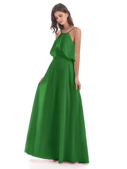 Paisley Halter Ruffles Chiffon Long Bridesmaid Dresses