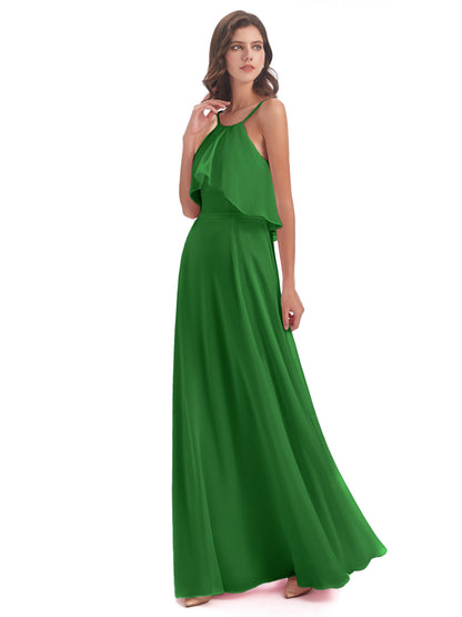 Paisley Halter Ruffles Chiffon Long Bridesmaid Dresses