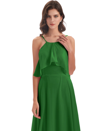 Paisley Halter Ruffles Chiffon Long Bridesmaid Dresses