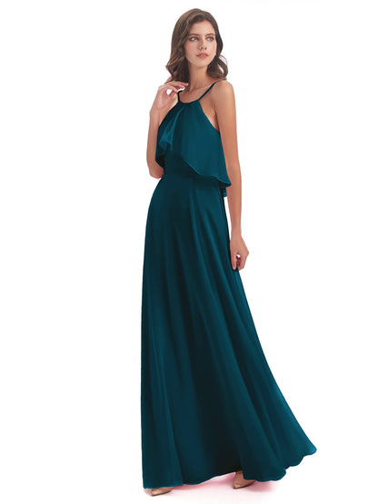 Paisley Halter Ruffles Chiffon Long Bridesmaid Dresses