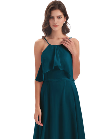 Paisley Halter Ruffles Chiffon Long Bridesmaid Dresses