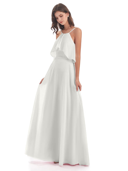 Paisley Halter Ruffles Chiffon Long Bridesmaid Dresses