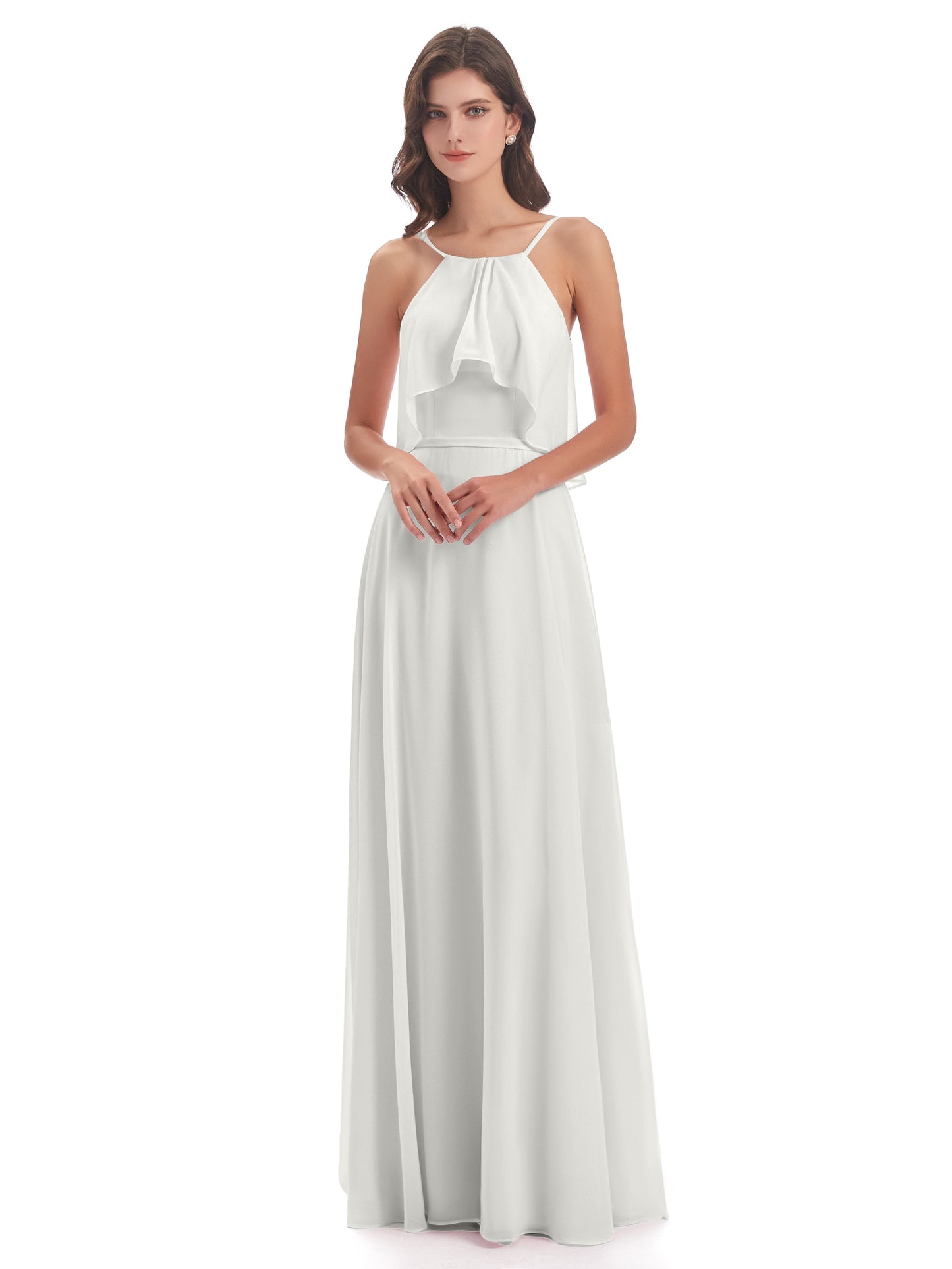 Paisley Halter Ruffles Chiffon Long Bridesmaid Dresses