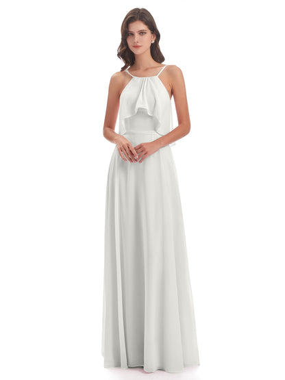 Paisley Halter Ruffles Chiffon Long Bridesmaid Dresses