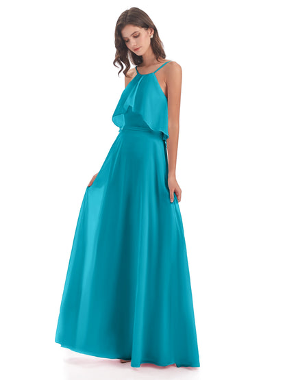 Paisley Halter Ruffles Chiffon Long Bridesmaid Dresses