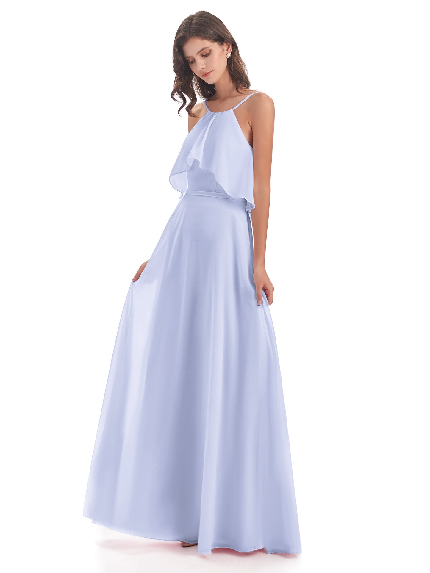 Paisley Halter Ruffles Chiffon Long Bridesmaid Dresses