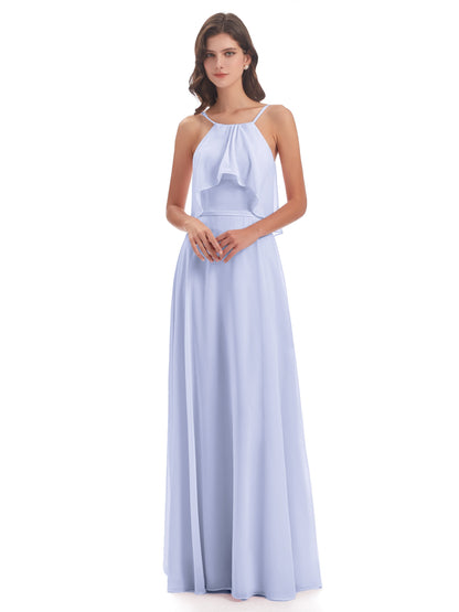 Paisley Halter Ruffles Chiffon Long Bridesmaid Dresses