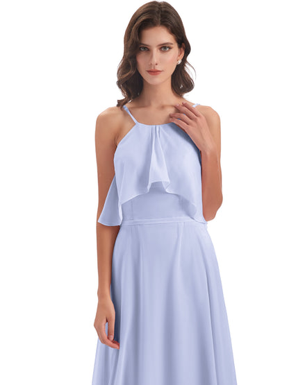 Paisley Halter Ruffles Chiffon Long Bridesmaid Dresses