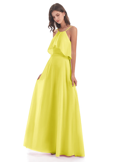 Paisley Halter Ruffles Chiffon Long Bridesmaid Dresses