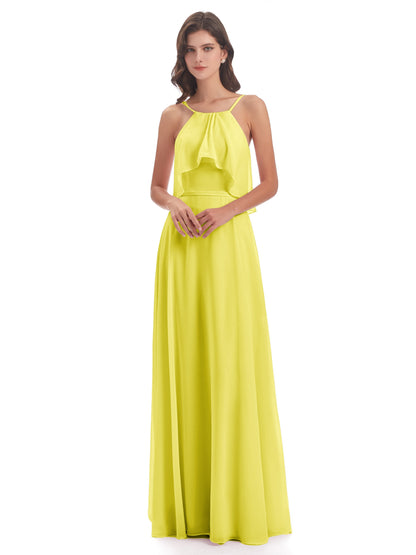 Paisley Halter Ruffles Chiffon Long Bridesmaid Dresses