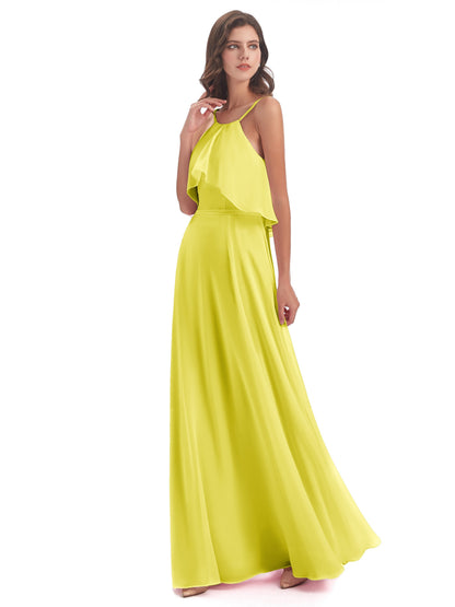 Paisley Halter Ruffles Chiffon Long Bridesmaid Dresses