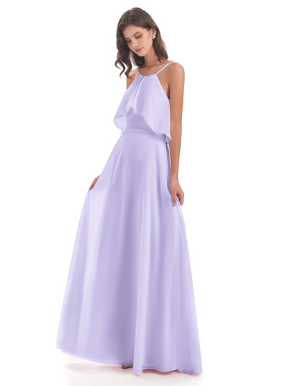 Paisley Halter Ruffles Chiffon Long Bridesmaid Dresses
