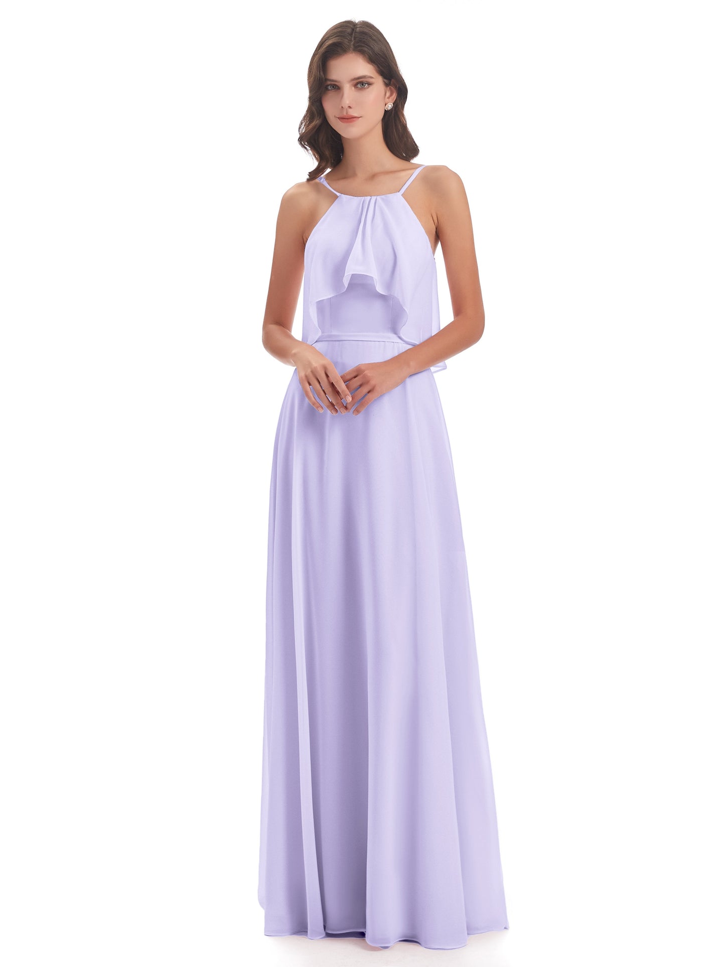 Paisley Halter Ruffles Chiffon Long Bridesmaid Dresses