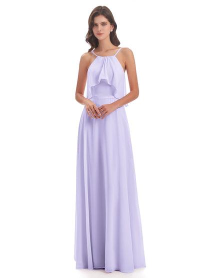 Paisley Halter Ruffles Chiffon Long Bridesmaid Dresses
