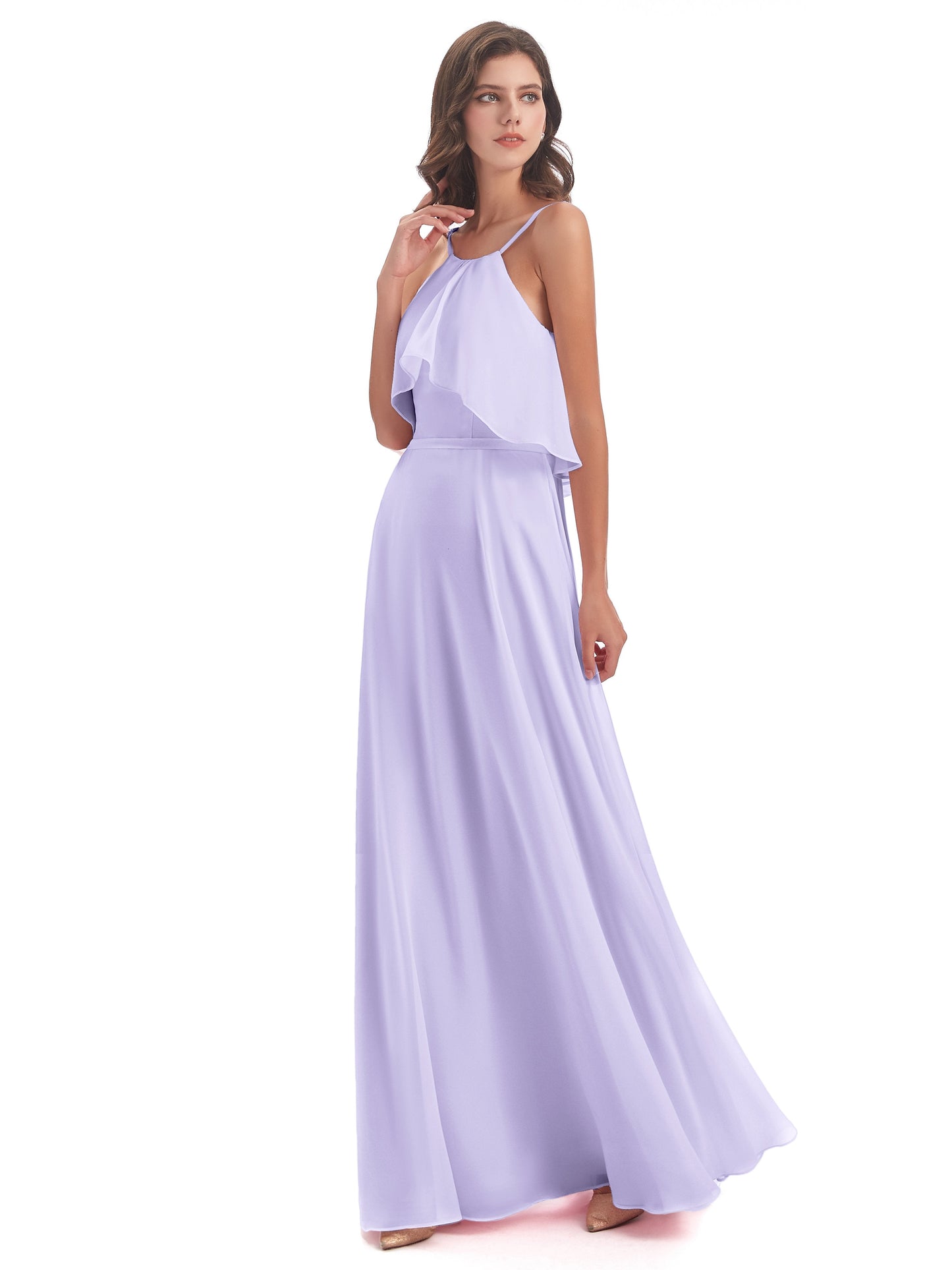 Paisley Halter Ruffles Chiffon Long Bridesmaid Dresses