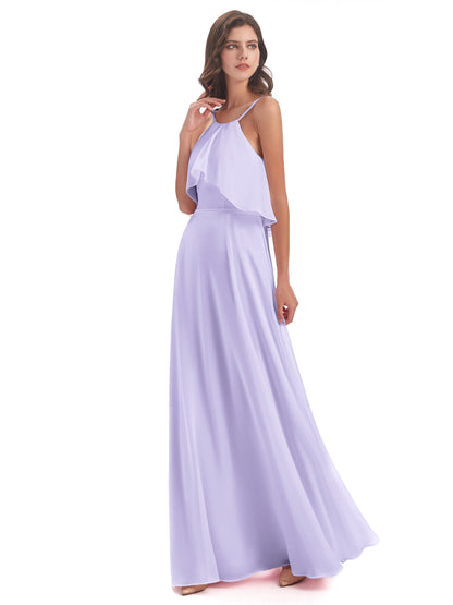 Paisley Halter Ruffles Chiffon Long Bridesmaid Dresses