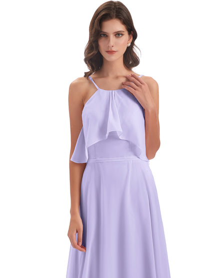 Paisley Halter Ruffles Chiffon Long Bridesmaid Dresses