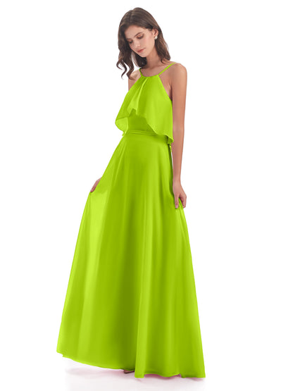 Paisley Halter Ruffles Chiffon Long Bridesmaid Dresses