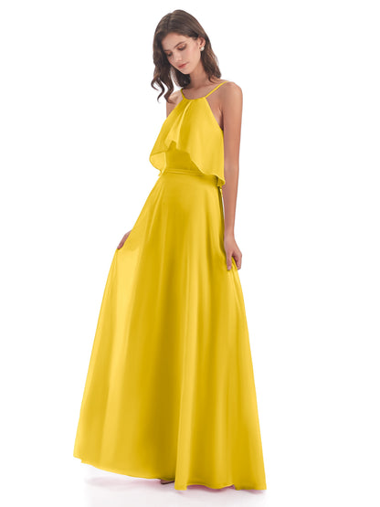 Paisley Halter Ruffles Chiffon Long Bridesmaid Dresses