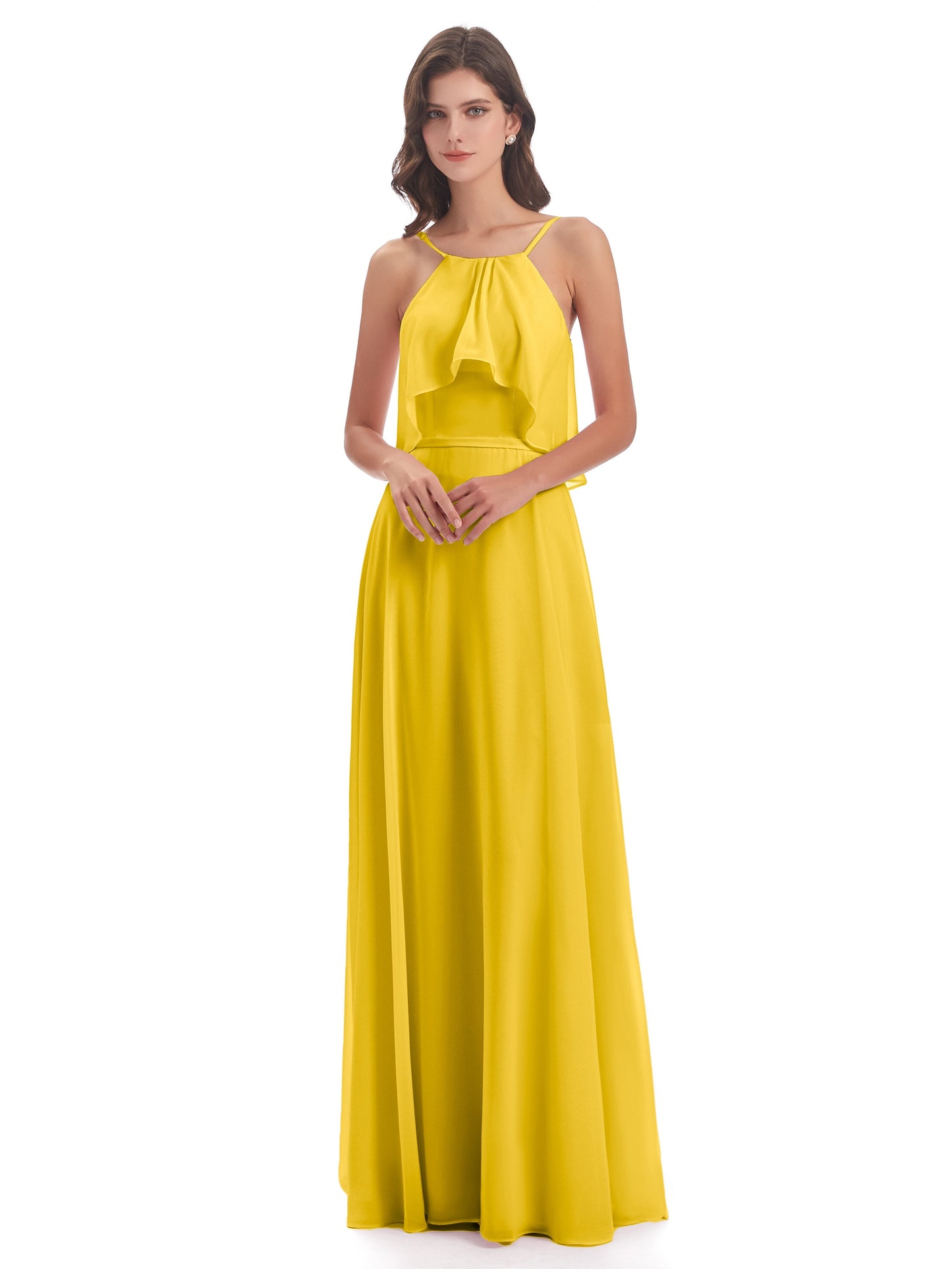 Paisley Halter Ruffles Chiffon Long Bridesmaid Dresses