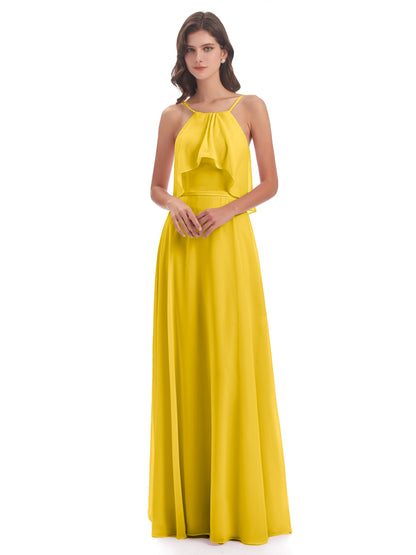 Paisley Halter Ruffles Chiffon Long Bridesmaid Dresses
