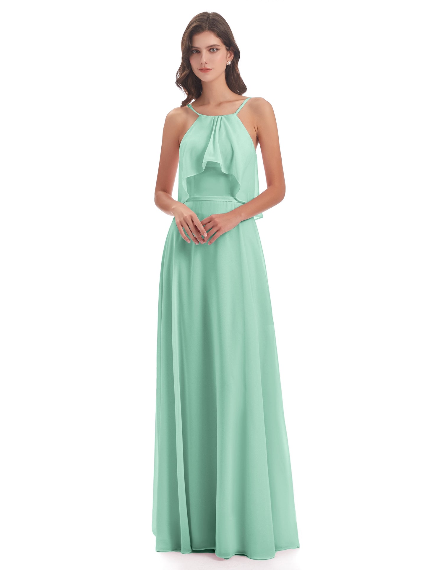 Paisley Halter Ruffles Chiffon Long Bridesmaid Dresses