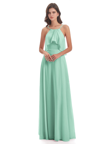 Paisley Halter Ruffles Chiffon Long Bridesmaid Dresses