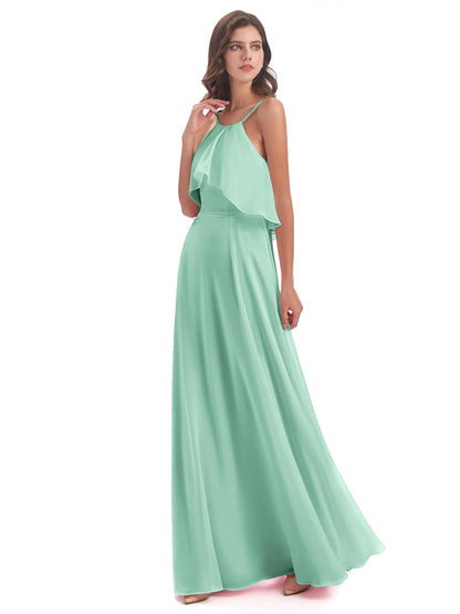 Paisley Halter Ruffles Chiffon Long Bridesmaid Dresses