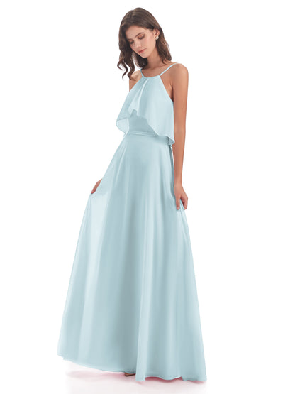 Paisley Halter Ruffles Chiffon Long Bridesmaid Dresses