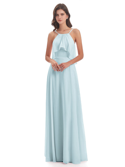 Paisley Halter Ruffles Chiffon Long Bridesmaid Dresses