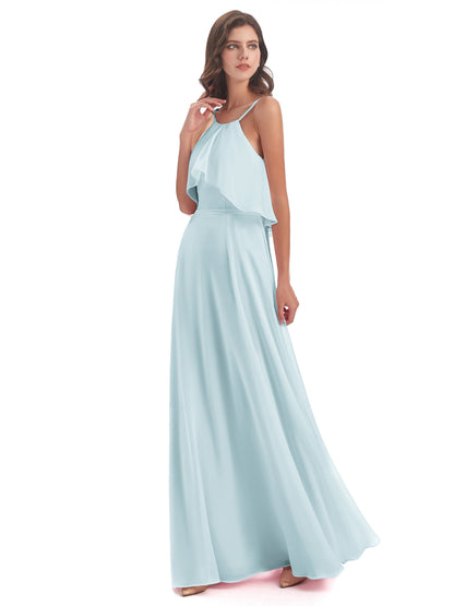 Paisley Halter Ruffles Chiffon Long Bridesmaid Dresses